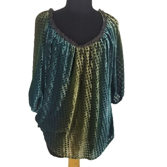 Sundance Tops - Sundance Blue Green Ombre Velvet Mesh Dot Scoop Neck Top Blouse Womens